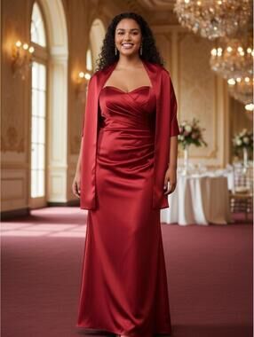 David's Bridal Red Satin Strapless Floor-Length Gown with Shawl - Size 18